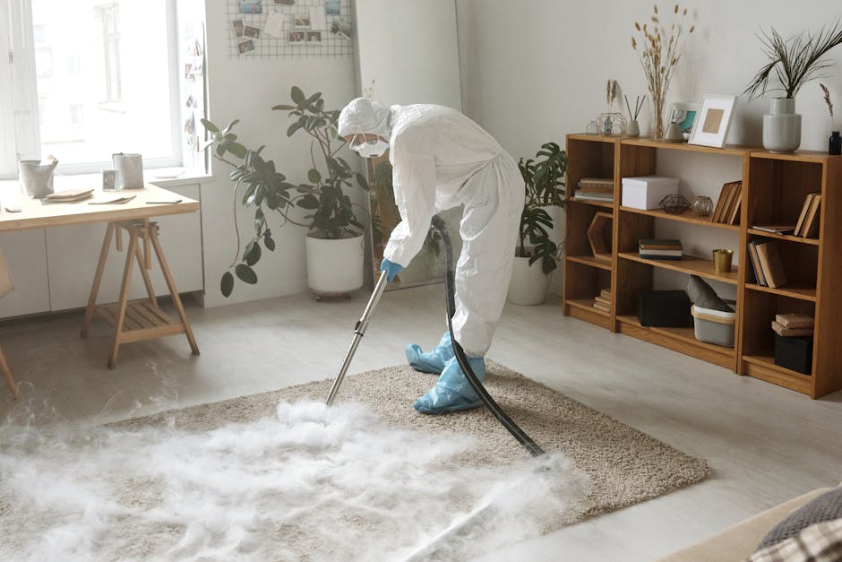 A professional cleaner dressed in a white protective suit, mask, and blue gloves is performing surface cleaning on a plush beige carpet in a modern living room using a steam cleaning machine. The room features a large window allowing natural daylight, with decorative potted plants on the windowsill and a tall potted plant nearby. To the right, there is a wooden bookshelf filled with books, photo frames, and decorative items, and the light-colored wooden flooring and white walls create a bright, clean atmosphere. The scene highlights thorough carpet deep cleaning and sanitisation, showcasing the expertise of Cleaners Highbury in domestic cleaning services.